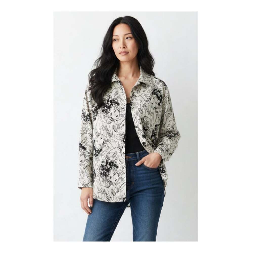 Vintage John Gibe 100% Silk Face Print Blouse Shirt M Abstract Line Art 80s 90s